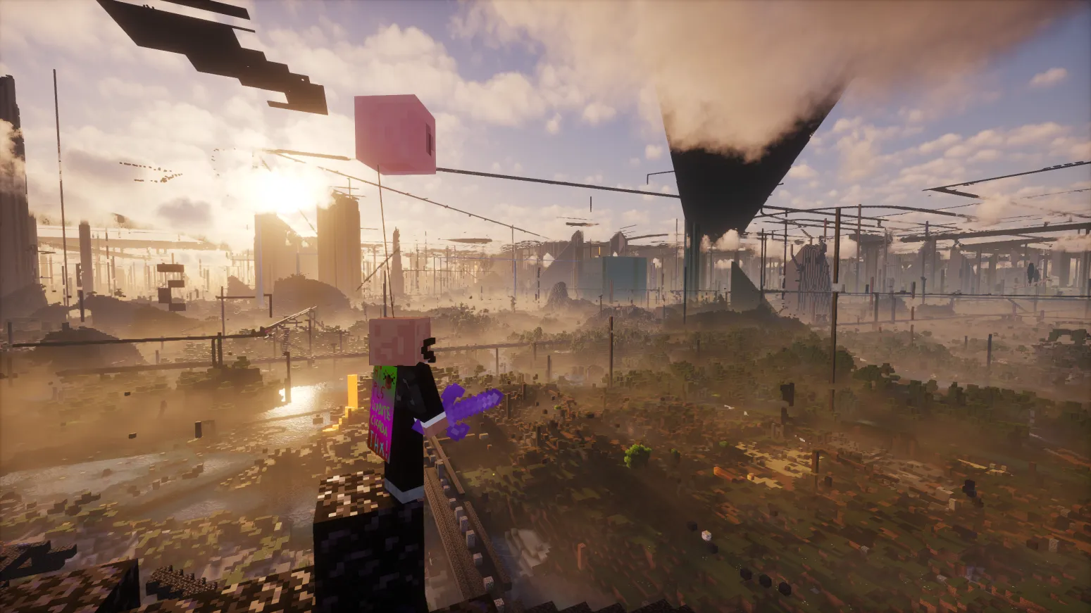 A player looking across the damaged landscape at spawn